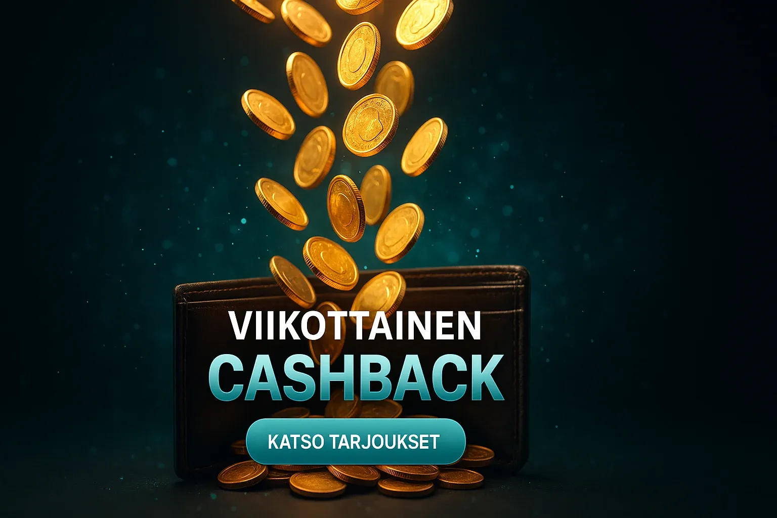 Fotorealistinen suomalainen kasinobonusbanneri, kultakolikoita ja cashback-teksti