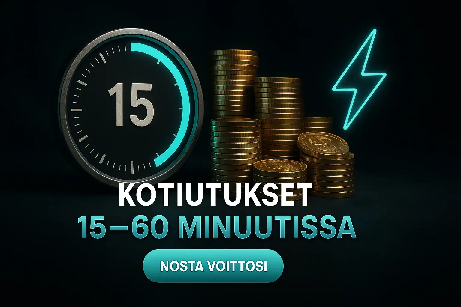 Suomalainen kasinobanneri, 15 minuutin kello, kultakolikot ja nopea kotiutus