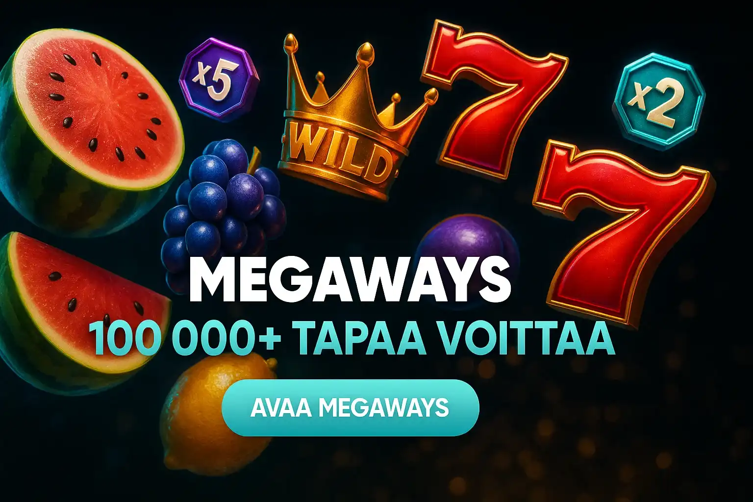 Fotorealistinen Megaways-kasinobanneri, hedelmäsymbolit ja kertoimet tummalla taustalla
