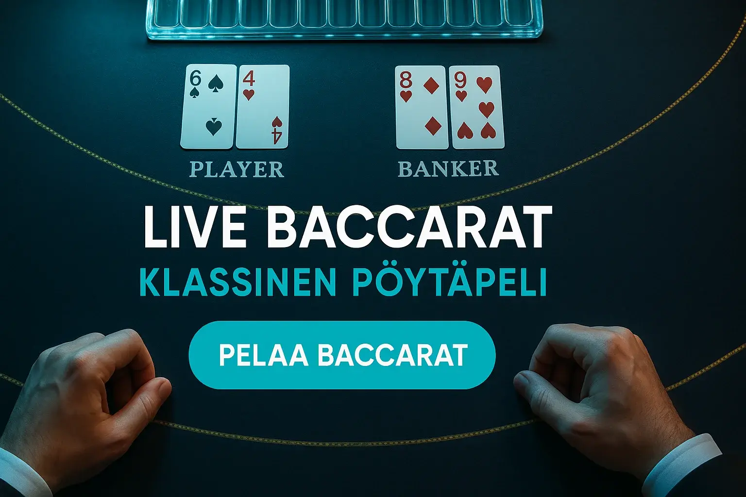 Fotorealistinen live baccarat -pöytä, kortit, pelimerkit ja CTA-painike