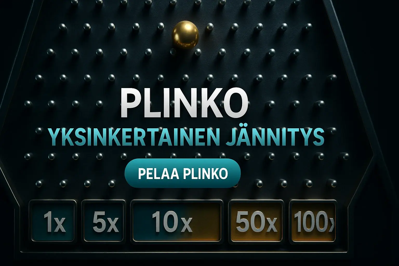 Fotorealistinen Plinko-kasinobanneri kultapallolla, kertoimilla ja Pelaa Plinko -painikkeella