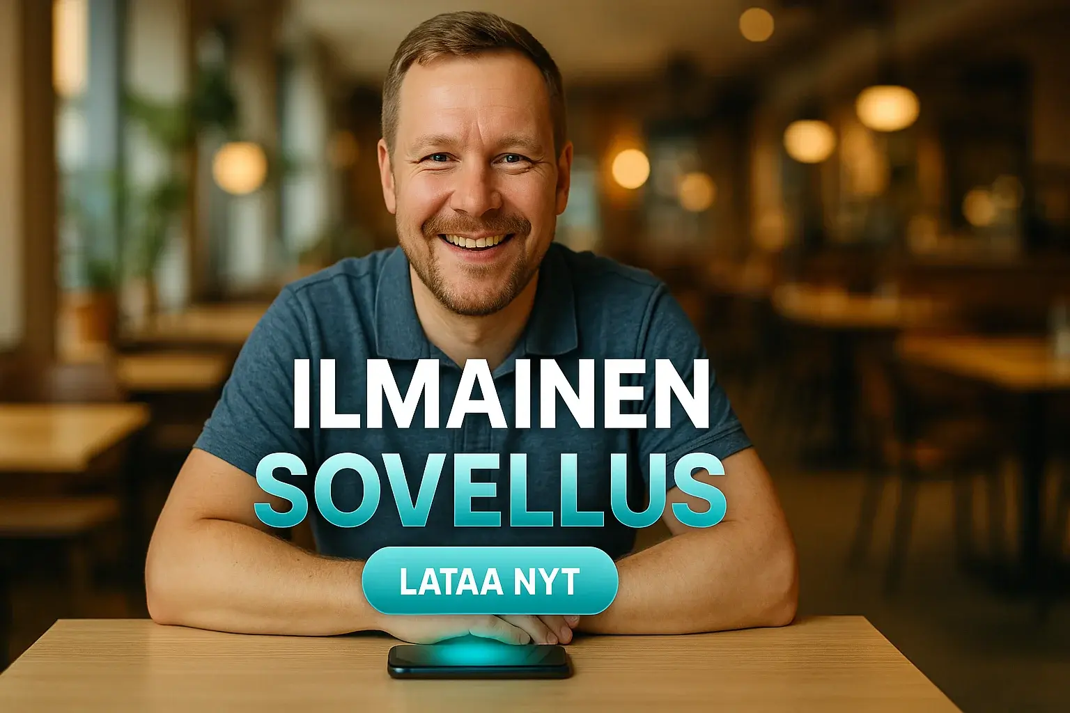 Suomalainen mies kahvilassa, kasinosovellusmainos ja hehkuva älypuhelin
