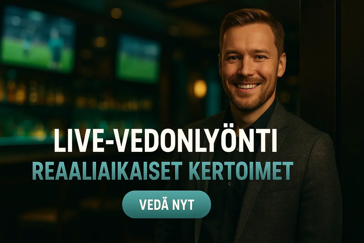 Suomalainen mies kasinobannerissa, live-vedonlyönti ja reaaliaikaiset kertoimet